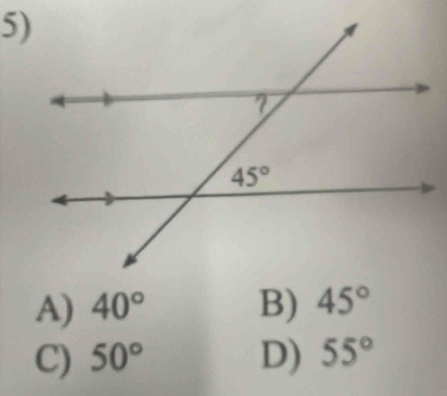 A) 40° B) 45°
C) 50° D) 55°