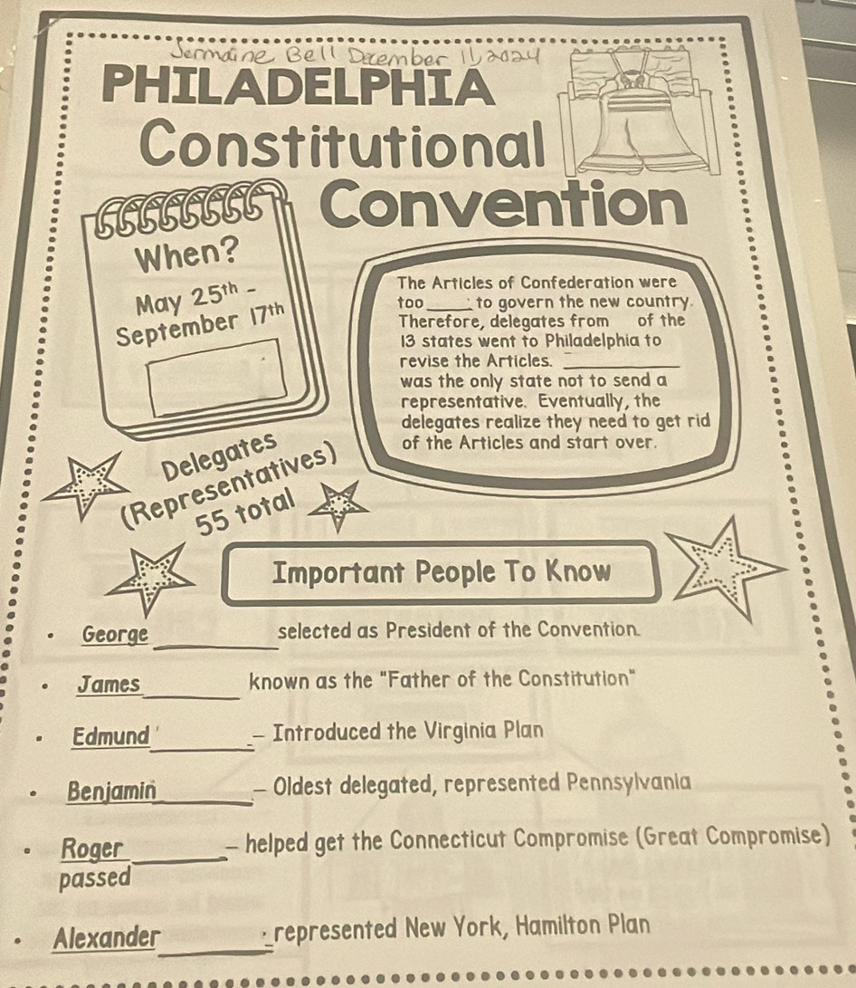 Jermaine Be l Déember Wao2y 
PHILADELPHIA 
Constitutional 
Convention 
When? 
May 25th - 
The Articles of Confederation were 
September 17th
too_ to govern the new country. 
Therefore, delegates from of the
13 states went to Philadelphia to 
revise the Articles._ 
was the only state not to send a 
representative. Eventually, the 
delegates realize they need to get rid 
Delegates 
(Representatives) of the Articles and start over.
55 total 
Important People To Know 
George_ selected as President of the Convention. 
James_ known as the "Father of the Constitution" 
Edmund_ - Introduced the Virginia Plan 
Benjamin_ - Oldest delegated, represented Pennsylvania 
Roger_ - helped get the Connecticut Compromise (Great Compromise) 
passed 
_ 
Alexander _represented New York, Hamilton Plan