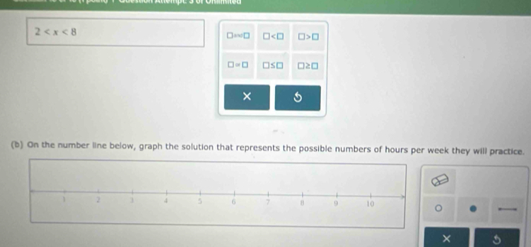 2
□ and□ □ □ >□
□ =□ □ ≤ □ □ ≥ □
×
(b) On the number line below, graph the solution that represents the possible numbers of hours per week they will practice.
× 5