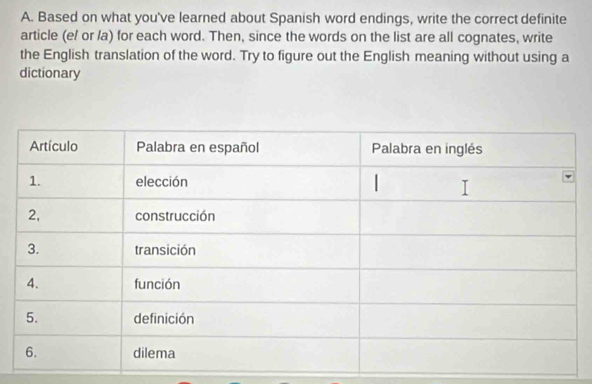 Based on what you've learned about Spanish word endings, write the correct definite 
article (e/ or /a) for each word. Then, since the words on the list are all cognates, write 
the English translation of the word. Try to figure out the English meaning without using a 
dictionary