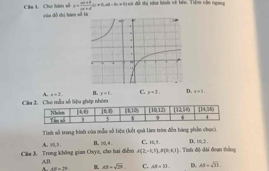 Cho hàm số y= (ax+b)/cx+d (c!= 0,ad-bc!= 0) có đồ thị như hình vẽ bên. Tiệm cận ngang
của đồ thị hàm số là
A. x=2. B. y=1. C. y=2. D. x=1.
Câu 2. Cho mẫu số liệu ghép nhóm
Tính số trung bình của mẫu số liệu (kết quả làm tròn đến hàng phần chục).
A. 10,3 . B. 10,4 . C. 10, 5 . D. 10, 2 .
Câu 3. Trong không gian Oxyz, cho hai điểm A(2;-1;3),B(0;4;1). Tính độ dài đoạn thằng
AB.
A. AB=29. B. AB=sqrt(29). C. AB=33. D. AB=sqrt(33).