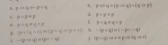 pRightarrow qequiv sim pvee q
b. pLeftrightarrow qequiv (pRightarrow q)wedge (qRightarrow p)
c. pwedge pequiv p
d. pvee pequiv p
e. pwedge qequiv qwedge p
f. pvee qequiv qvee p
g. (pvee (qwedge r))equiv ((pvee q)wedge (pvee r)) h. sim (pvee q)equiv (sim pwedge sim q)
i. sim (pRightarrow q)equiv (pwedge sim q)
j. (pwedge q)Rightarrow requiv pRightarrow (qRightarrow r)