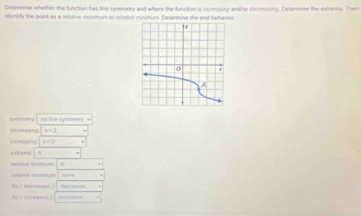 Desermne whether the function has line symmetry and where the function is increosing and/or decreosing. Determme the extreme. Them 
identify the point as a relotive moximum or relotive minimum. Determine the end behavior. 
symumetry: 
decleasing x=2
noteating. x=2
= e = A 
relative mininum A 
9om 
Ao - decreases, decicases