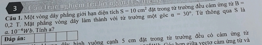 3 ) ( âu trắc nghiệm trá lời ngàn (à, 9 dịgh) 
Câu 1. Một vòng dây phẳng giới hạn diện tích S=10cm^2 đặt trong từ trường đều cảm ứng từ B=
0,2 T. Mặt phẳng vòng dây làm thành với từ trường một góc alpha =30°. Từ thông qua S là 
a. 10^(-4)Wb. Tính a? 
dây hình vuông cạnh 5 cm đặt trong từ trường đều có cảm ứng từ 
Đáp án: 
Góc hợp giữa vectơ cảm ứng từ và