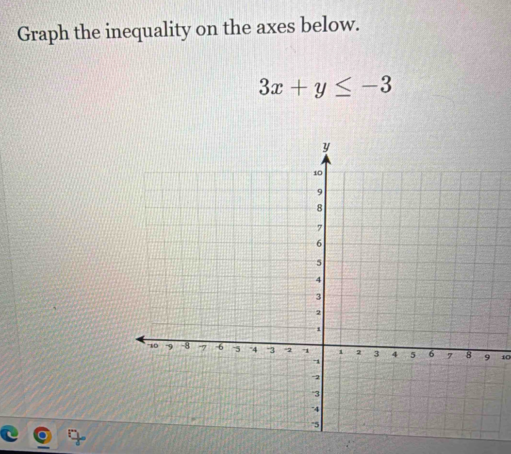 Graph the inequality on the axes below.
3x+y≤ -3
10