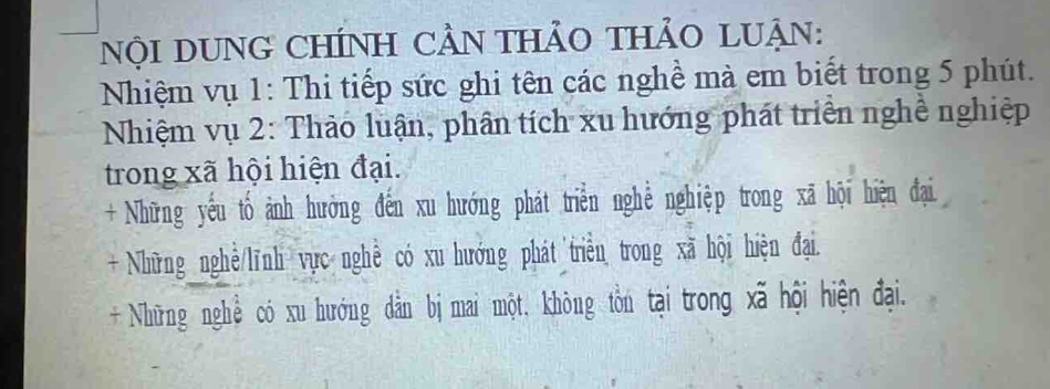 Nội DUNG CHÍNH CầN THảO THảO LUẠn: 
Nhiệm vụ 1: Thi tiếp sức ghi tên các nghề mà em biết trong 5 phút. 
Nhiệm vụ 2: Thảo luận, phân tích xu hướng phát triển nghề nghiệp 
trong xã hội hiện đại. 
+ Những yếu tố ảnh hưởng đến xu hướng phát triển nghễ nghiệp trong xã hội hiện đại. 
+ Những nghề/lĩnh vực nghề có xu hướng phát triển trong xã hội hiện đại. 
+ Những nghề có xu hướng dẫn bị mai một, không tồn tại trong xã hội hiện đại.