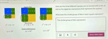 Brg Burea
Here are the three different squares you've worked with so far, as
Apar Pio well as the algabraic expressions tha represent the squares.
lif1: 
What does the circled group of tiles in each square represent
The cincled group of tiles represents|
x^2+4x+4 beginarrayr encloselongdiv 4x+16x^2+8x+16endarray x^2+6x+9
Prodiucit of Errmation
(x+2)^2 (x+4)^2 (x+3)^2
sqrt(3) Share With-Class