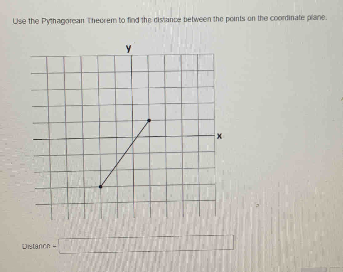 Use the Pythagorean Theorem to find the distance between the points on the coordinate plane. 
Distance =□