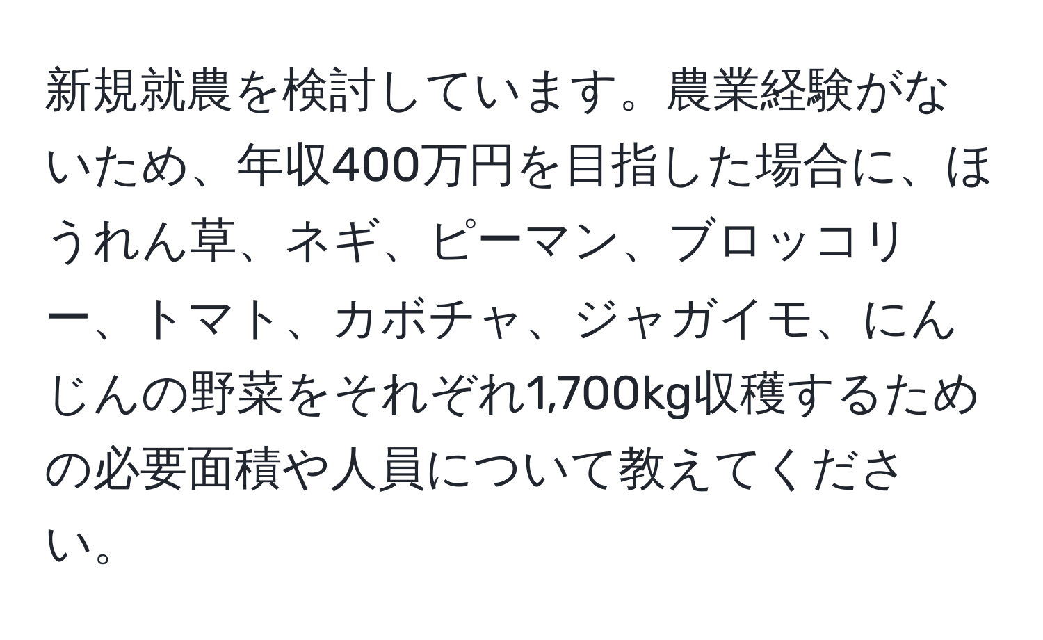 新規就農を検討しています。農業経験がないため、年収400万円を目指した場合に、ほうれん草、ネギ、ピーマン、ブロッコリー、トマト、カボチャ、ジャガイモ、にんじんの野菜をそれぞれ1,700kg収穫するための必要面積や人員について教えてください。