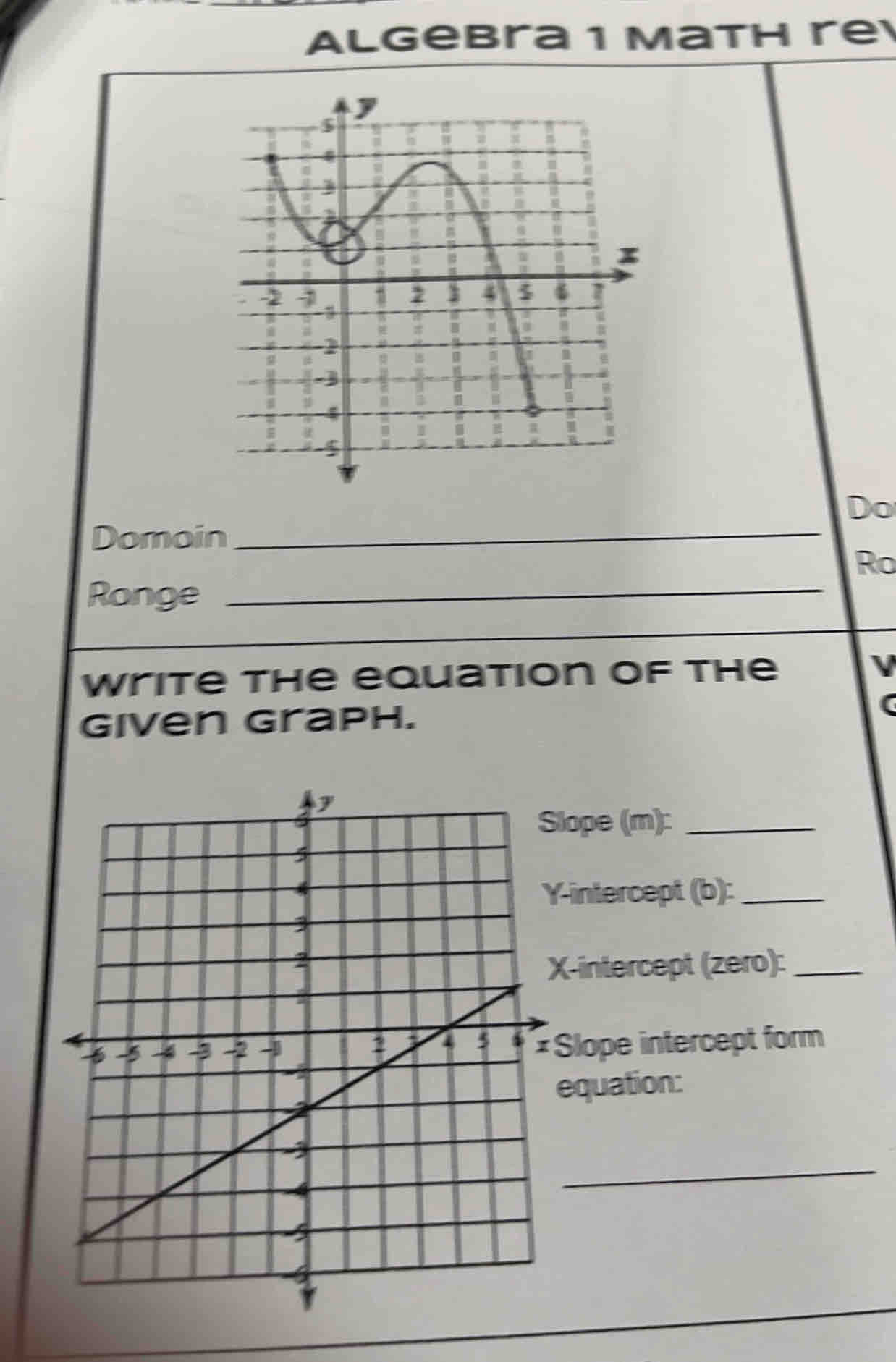 Algebra 1 Math re 
Do 
Domoin_ 
Ro 
Ronge_ 
Write the equation of the 
V 
Given Graph. 
lope (m):_ 
intercept (b):_ 
-intercept (zero):_ 
Slope intercept form 
quation: 
_