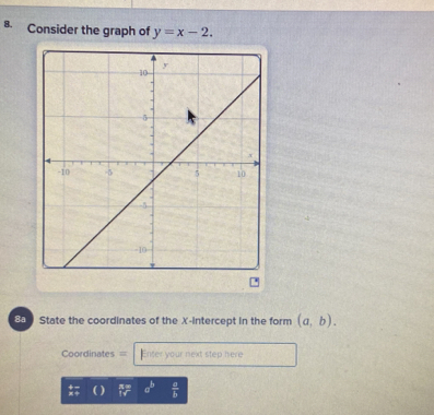 Consider the graph of y=x-2. 
85State the coordinates of the X-Intercept in the form (a,b). 
Coordinates = Enter your next step here 
a  a/b 