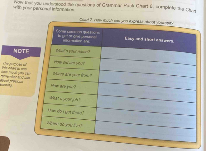 Now that you understood the questions of Grammar Pack Chart 6, complete the Chart 
with your personal information. 
NOTE 
The purpose of 
this chart to see 
how much you can 
remember and use 
about previous 
eaming.