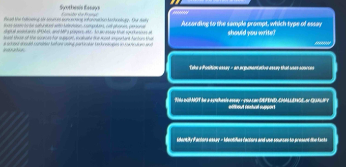 Synthesis Essays ********
teed the fatowing sx sources soncerning information technoigy. Our dally
s sn m to he sa ar en s e ste none , comgut ers , u gonnes , ger on According to the sample prompt, which type of essay
dugual auastants (PD 66), and MP3 players, atc. Io an essay that synthesures at
teeat three of the soures for support , suate the most import ant fartors tha should you write? .*******
e urad nquló consñer before using partculer techndioiges in cumculum and

*Take a Position essay - an argumentative essay that uses sources
This will NOT be a synthesis essay - you can DEFEND, CHALLENGE, or QUALIFY
without textual support
identify Factors essay - identifies factors and use sources to present the facts