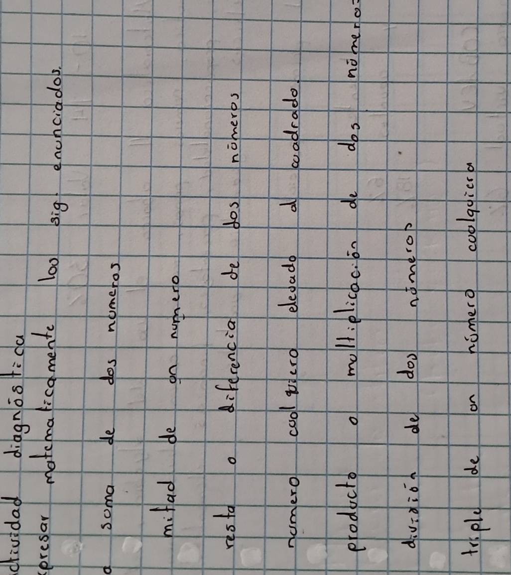 dividad diagnosfida 
presar matemalicamente 100 sig enchciadoo. 
a soma de dos nomeros 
miflad de on nummero 
resta. diferencia de dos nomerbs 
nomero cool qero eledado a coadrado. 
producto o molliplicac.on do dos nomeno 
dividion de doo nomerop 
trsply de on homero coolagierba