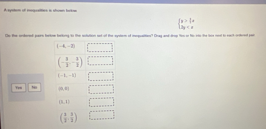 A system of inequalities is shown below
beginarrayl y> 3/2 x 2y
Do the ordered pairs below belong to the solution set of the system of inequalities? Drag and drop Yes or No into the box next to each ordered pair
Yes No