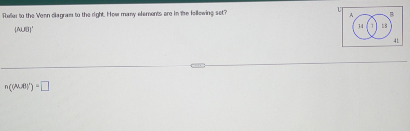 Refer to the Venn diagram to the right. How many elements are in the following set?
(A∪B)′
n((A∪ B)')=□