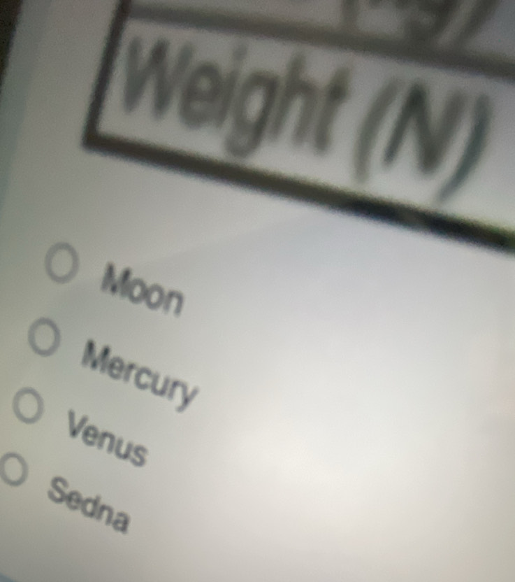 Weight (N)
Moon
Mercury
Venus
Sedna