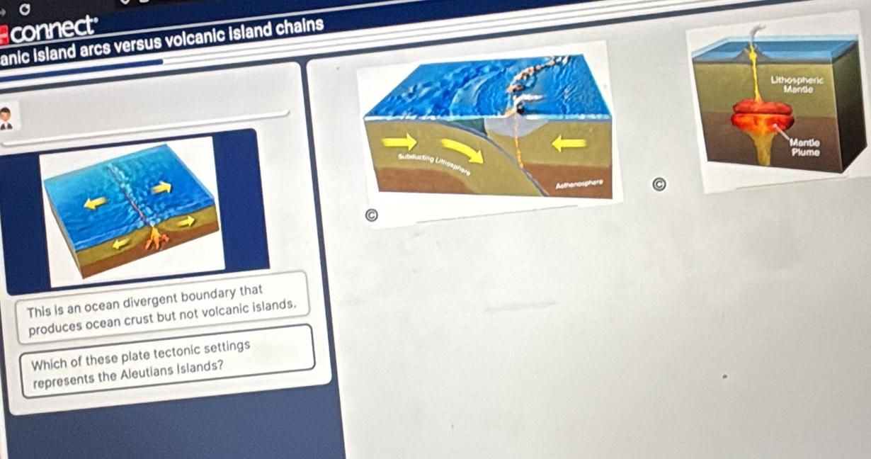 connect 
anic island arcs versus volcanic island chains 
This is an ocean divergent boun 
produces ocean crust but not volcanic islands. 
Which of these plate tectonic settings 
represents the Aleutians Islands?