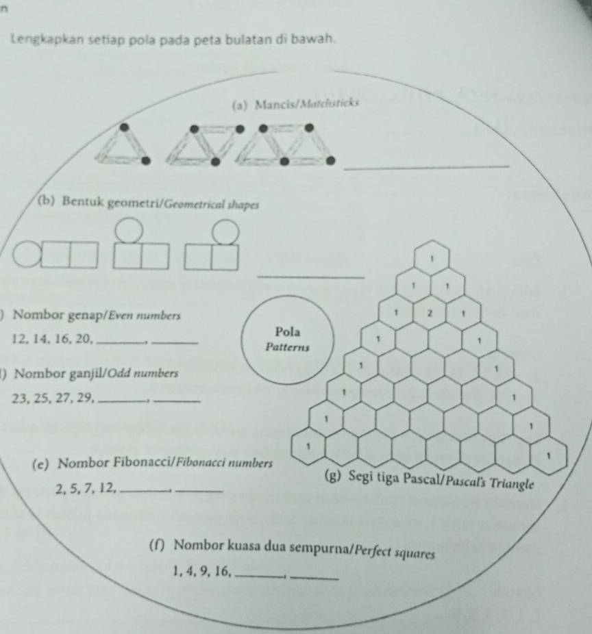 Lengkapkan setiap pola pada peta bulatan di bawah. 
(a) Mancis/Matchsticks 
_ 
) Nombor genap/Even numbers 
12 
) Nombor ganjil/Odd numbers
23