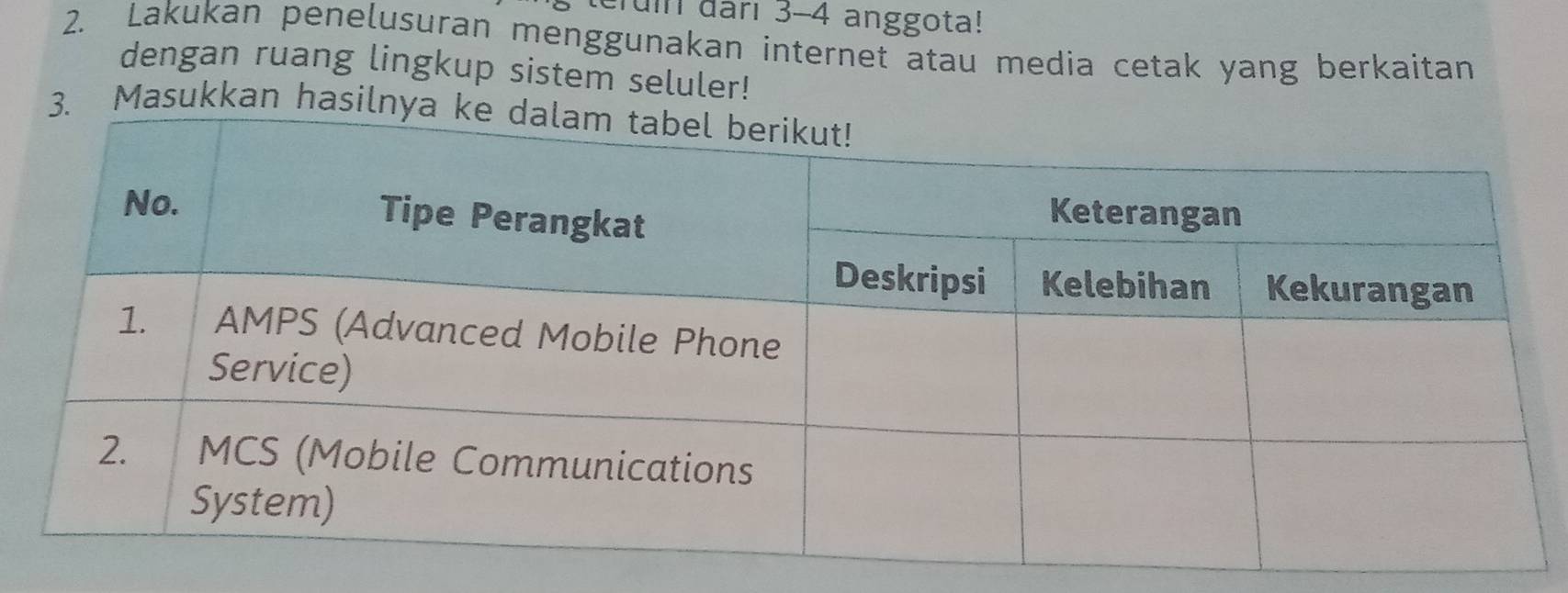 ruin dari 3-4 anggota! 
2. Lakukan penelusuran menggunakan internet atau media cetak yang berkaitan 
dengan ruang lingkup sistem seluler! 
. Masukkan hasil