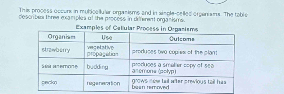 This process occurs in multicellular organisms and in single-celled organisms. The table 
describes three examples of the process in different organisms. 
Examples of Cellular