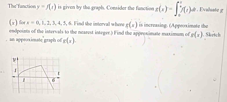 The"function y=f(t) is given by the graph. Consider the function g(x)=∈t _0^xf(t)dt. Evaluate g
(x) for x=0,1,2,3,4,5,6. Find the interval where g(x) is increasing. (Approximate the 
endpoints of the intervals to the nearest integer.) Find the approximate maximum of g(x). Sketch 
an approximate graph of g(x).