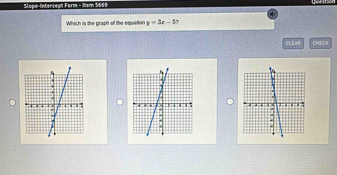 Slope-Intercept Form - Item 5669 Question 
Which is the graph of the equation y=3x-5 7 
CLEAR CHECK