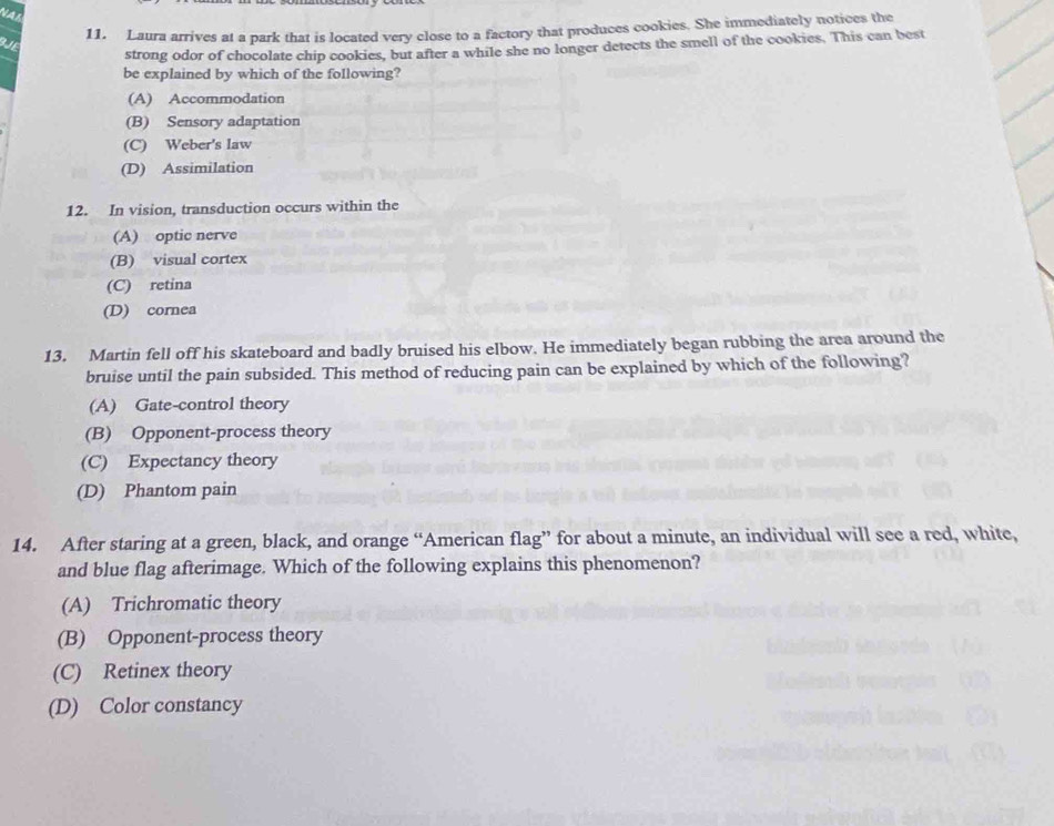 NAL
11. Laura arrives at a park that is located very close to a factory that produces cookies. She immediately notices the
BJE
strong odor of chocolate chip cookies, but after a while she no longer detects the smell of the cookies. This can best
be explained by which of the following?
(A) Accommodation
(B) Sensory adaptation
(C) Weber's law
(D) Assimilation
12. In vision, transduction occurs within the
(A) optic nerve
(B) visual cortex
(C) retina
(D) cornea
13. Martin fell off his skateboard and badly bruised his elbow. He immediately began rubbing the area around the
bruise until the pain subsided. This method of reducing pain can be explained by which of the following?
(A) Gate-control theory
(B) Opponent-process theory
(C) Expectancy theory
(D) Phantom pain
14. After staring at a green, black, and orange “American flag” for about a minute, an individual will see a red, white,
and blue flag afterimage. Which of the following explains this phenomenon?
(A) Trichromatic theory
(B) Opponent-process theory
(C) Retinex theory
(D) Color constancy