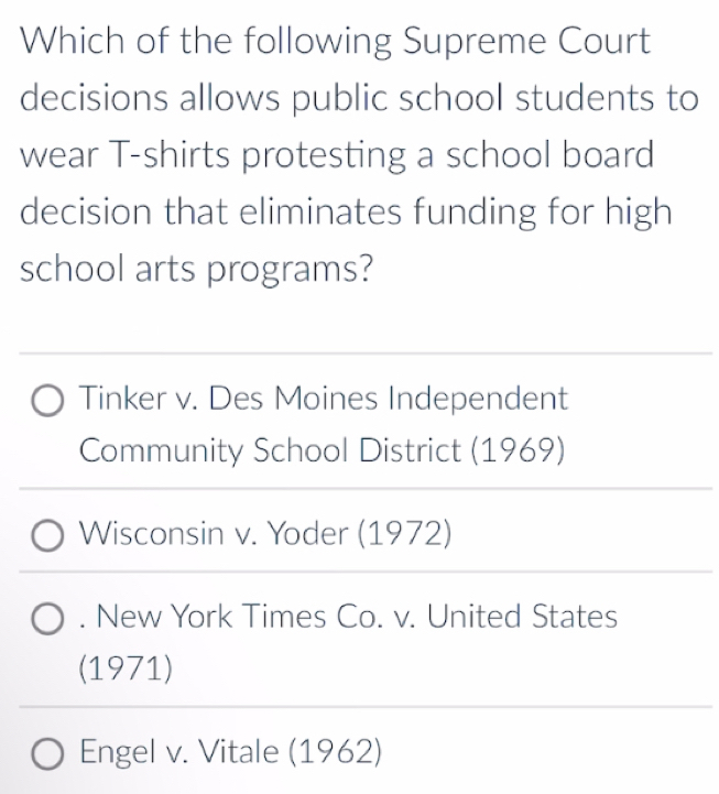 Which of the following Supreme Court
decisions allows public school students to
wear T-shirts protesting a school board
decision that eliminates funding for high
school arts programs?
Tinker v. Des Moines Independent
Community School District (1969)
Wisconsin v. Yoder (1972). New York Times Co. v. United States
(1971)
Engel v. Vitale (1962)