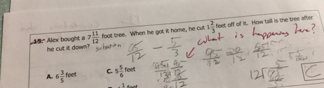 15:' Alex bought a 7 11/12  foot tree. When he got it home, he cut 1 2/3  feet off of it. How tall is the tree after
he cut it down?
a. 6 3/5  fect C. 5 5/6  feet