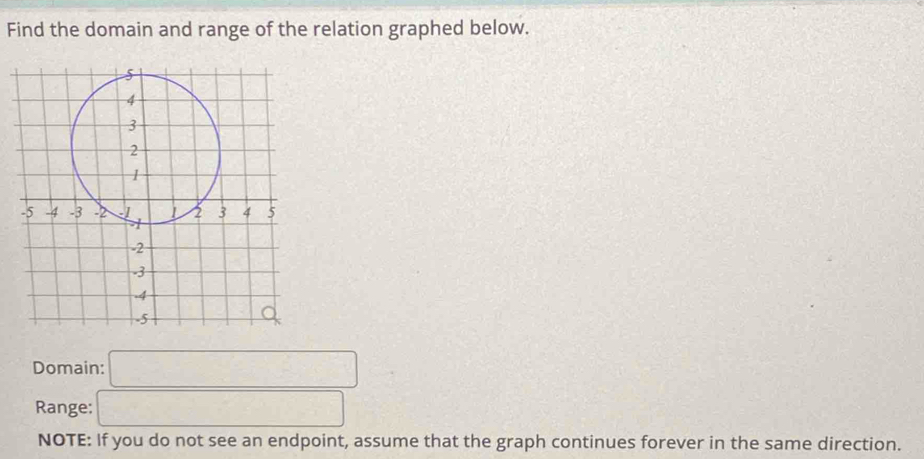 Find the domain and range of the relation graphed below. 
Domain: □ 
Range: □ 
NOTE: If you do not see an endpoint, assume that the graph continues forever in the same direction.