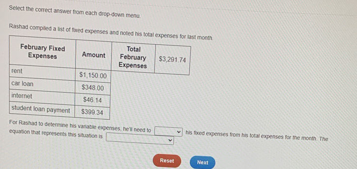 Select the correct answer from each drop-down menu. 
Rashad compiled a list of fixed expenses a 
ashad to determine his variable expenses, he'll need to □
equation that represents this situation is □ his fixed expenses from his total expenses for the month. The 
Reset Next