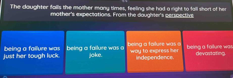 The daughter fails the mother many times, feeling she had a right to fall short of her 
mother’s expectations. From the daughter's perspective 
being a failure was being a failure was a being a failure was a being a failure was 
just her tough luck. joke. 
way to express her devastating. 
independence.