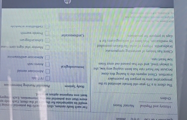History and Physical Nurses' Notes would be appropriate for th For each body system, click acify the potential nursing of the client, E ach ody sy 
Cvders least one response option s more than one posential nar servention. Each tegor 
4. 
The cflent is a 75-year-old female admitted to the Body System Potentiall Nursing Intervertion 
preoperative area to prepare for pacemaker IV f lds 
insertion. Client reports she is having this done 
because her heart rate has been staying very low, she Administer stesold 
is always tired, and she has passed out once from Immunological 
low heart rate. Assess rash 
Administer antinistamine 
Client has history of worsening symptomatic 
bradyeardia. History of atrial fibrillation controlled Monitor vital signs continuou 
by medication. Has been off anticaagulants for 4 Ethocardlogram 
days to prepare for procedure . Cardlovascullar Prowide warmth 
Dwth tliae se harteirte 
All right a r ard cn det ng ci m le toe A ta i i