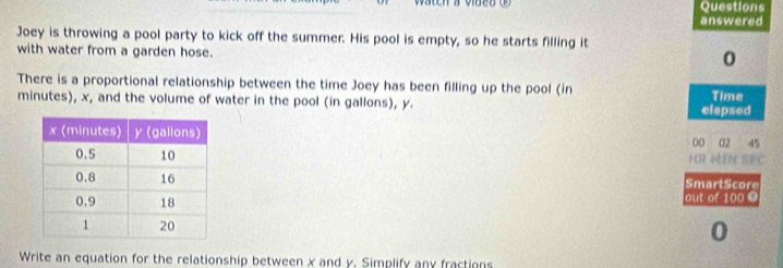 Questions 
answered 
Joey is throwing a pool party to kick off the summer. His pool is empty, so he starts filling it 
with water from a garden hose. 
0 
There is a proportional relationship between the time Joey has been filling up the pool (in
minutes), x, and the volume of water in the pool (in gallons), y elapsed Time 
00 02 45 
HR MIN SFC 
S mart S core 
out of 100 0 
Write an equation for the relationship between x and y. Simplify any fractions