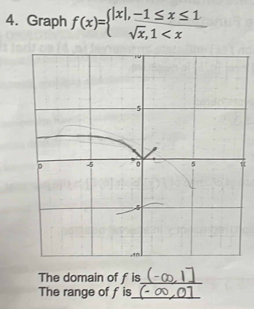 Graph f(x)=beginarrayl |x|,-1≤ x≤ 1 sqrt(x),1
1 
The domain of f is_ 
The range of f is_