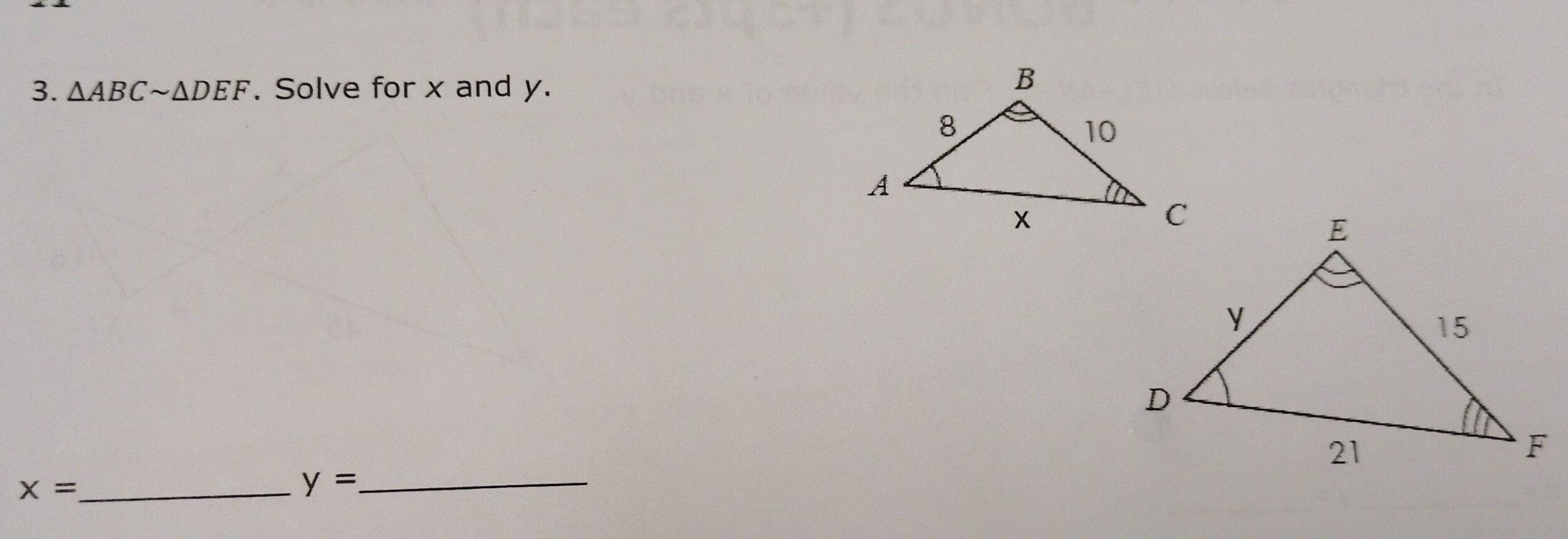 △ ABCsim △ DEF. Solve for x and y. 
_ x=
_ y=