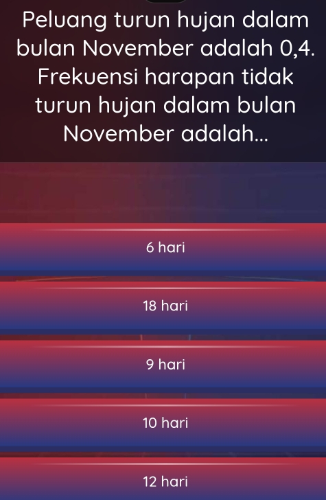 Peluang turun hujan dalam
bulan November adalah 0,4.
Frekuensi harapan tidak
turun hujan dalam bulan
November adalah...
6 hari
18 hari
9 hari
10 hari
12 hari