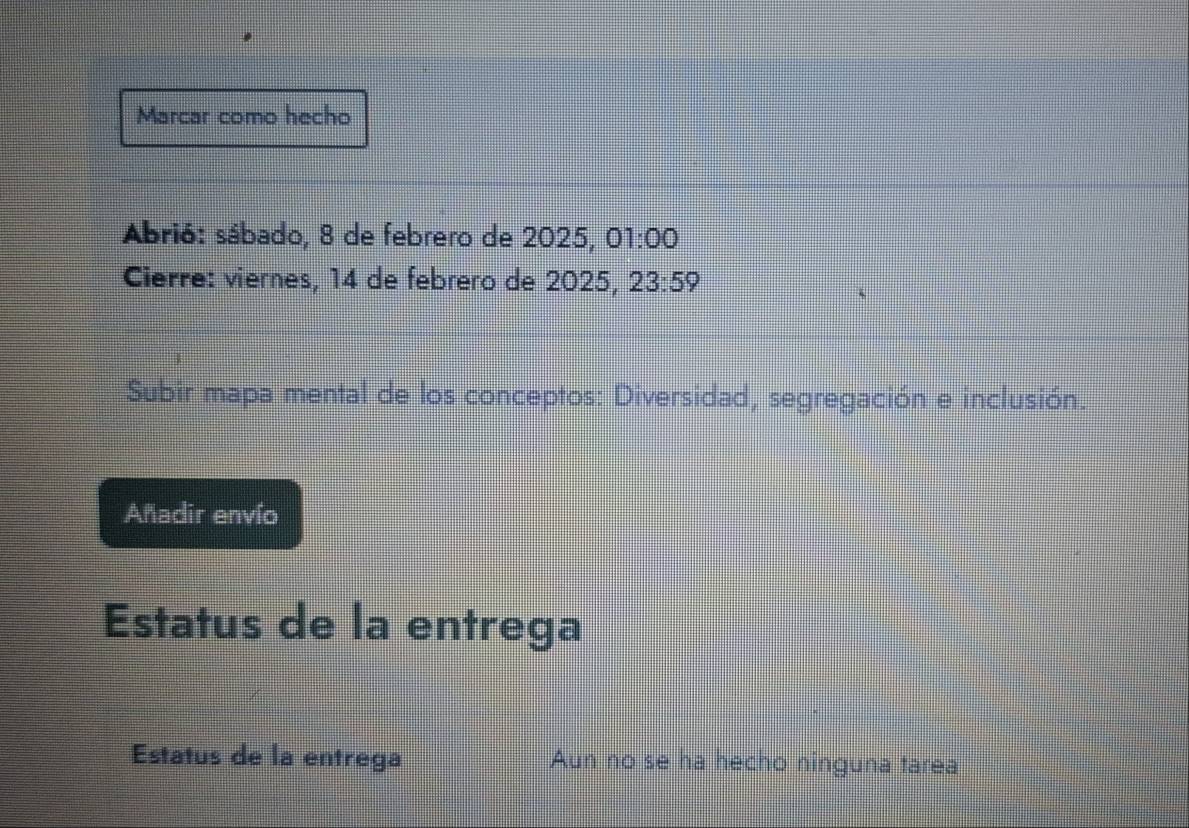 Marcar como hecho 
Abrió: sábado, 8 de febrero de 2025, 01:00 
Cierre: viernes, 14 de febrero de 2025, 23:59
Subir mapa mental de los conceptos: Diversidad, segregación e inclusión. 
Añadir envío 
Estatus de la entrega 
Estatus de la entrega Aun no se ha hecho ninguna tarea