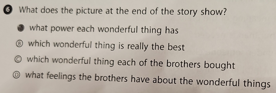 ③ What does the picture at the end of the story show?
a what power each wonderful thing has
⑥ which wonderful thing is really the best
which wonderful thing each of the brothers bought
⑥ what feelings the brothers have about the wonderful things