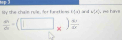 tep 3 
By the chain rule, for functions h(u) and u(x) , we have
 dh/dx =(□ _* ) du/dx 