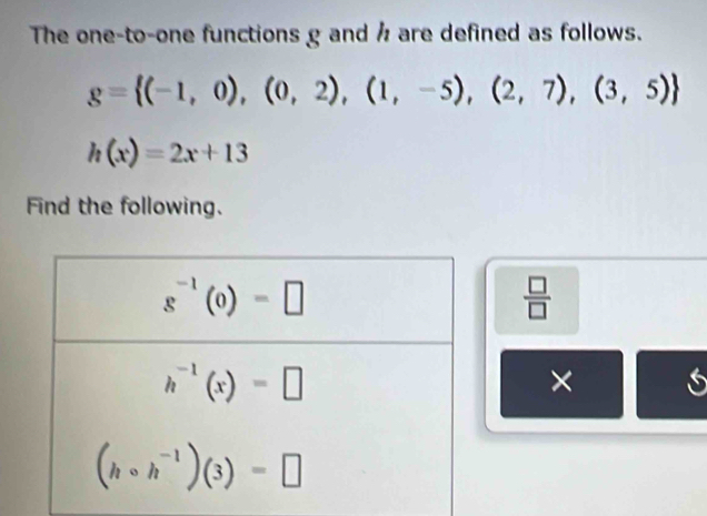 The one-to-one functions g and h are defined as follows.
g= (-1,0),(0,2),(1,-5),(2,7),(3,5)
h(x)=2x+13
Find the following.
 □ /□  
× 6