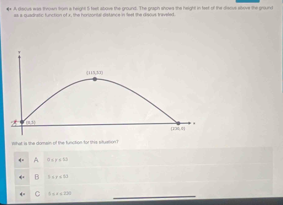 A discus was thrown from a height 5 feet above the ground. The graph shows the height in feet of the discus above the ground
as a quadratic function of x, the horizontal distance in feet the discus traveled.
What is the domain of the function for this situation?
A 0≤ y≤ 53
B 5≤ y≤ 53
C 5≤ x≤ 230