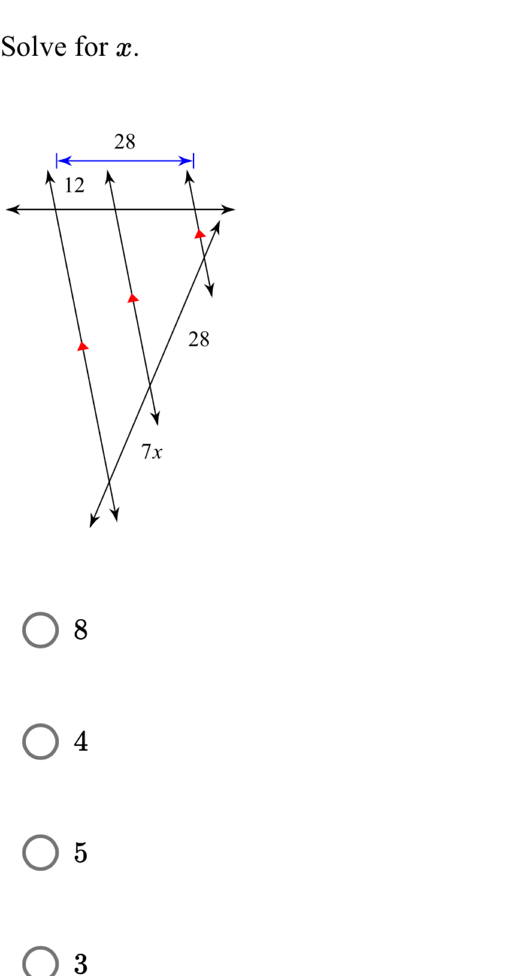 Solve for x.
8
4
5
3