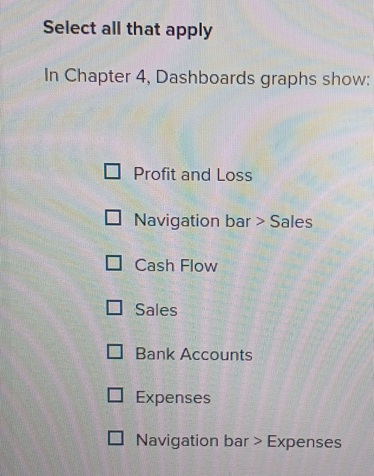 Solved: Select all that apply In Chapter 4, Dashboards graphs show ...