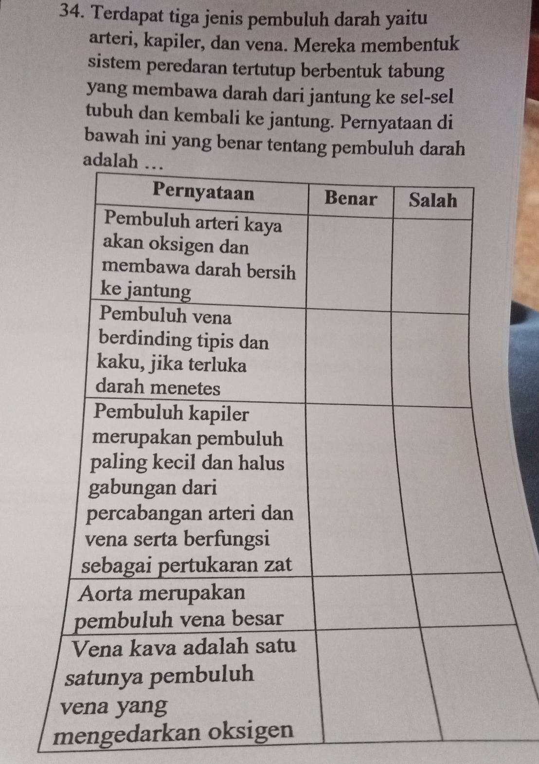 Terdapat tiga jenis pembuluh darah yaitu 
arteri, kapiler, dan vena. Mereka membentuk 
sistem peredaran tertutup berbentuk tabung 
yang membawa darah dari jantung ke sel-sel 
tubuh dan kembali ke jantung. Pernyataan di 
bawah ini yang benar tentang pembuluh darah 
mengedarkan ok