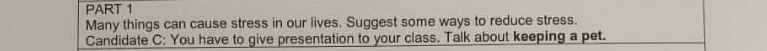 Many things can cause stress in our lives. Suggest some ways to reduce stress. 
Candidate C: You have to give presentation to your class. Talk about keeping a pet.