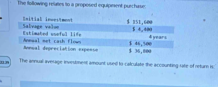 The following relates to a proposed equipment purchase:
22:39 The annual average investment amount used to calculate the accounting rate of return is:'
k