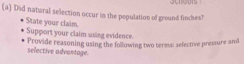 Did natural selection occur in the population of ground finches? 
State your claim. 
Support your claim using evidence. 
Provide reasoning using the following two terms: selective pressure and 
selective advantage.