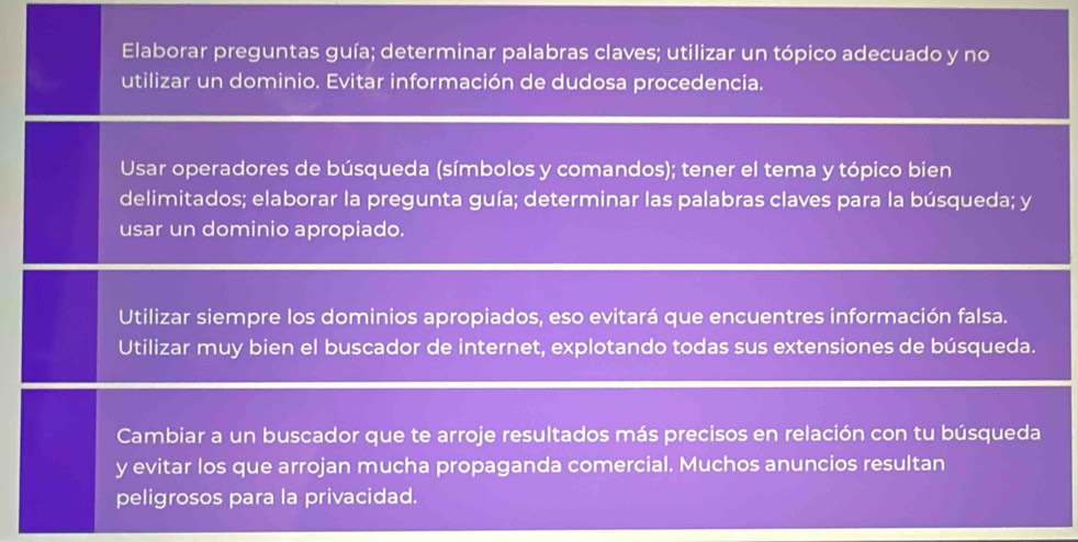 Elaborar preguntas guía; determinar palabras claves; utilizar un tópico adecuado y no 
utilizar un dominio. Evitar información de dudosa procedencia. 
Usar operadores de búsqueda (símbolos y comandos); tener el tema y tópico bien 
delimitados; elaborar la pregunta guía; determinar las palabras claves para la búsqueda; y 
usar un dominio apropiado. 
Utilizar siempre los dominios apropiados, eso evitará que encuentres información falsa. 
Utilizar muy bien el buscador de internet, explotando todas sus extensiones de búsqueda. 
Cambiar a un buscador que te arroje resultados más precisos en relación con tu búsqueda 
y evitar los que arrojan mucha propaganda comercial. Muchos anuncios resultan 
peligrosos para la privacidad.